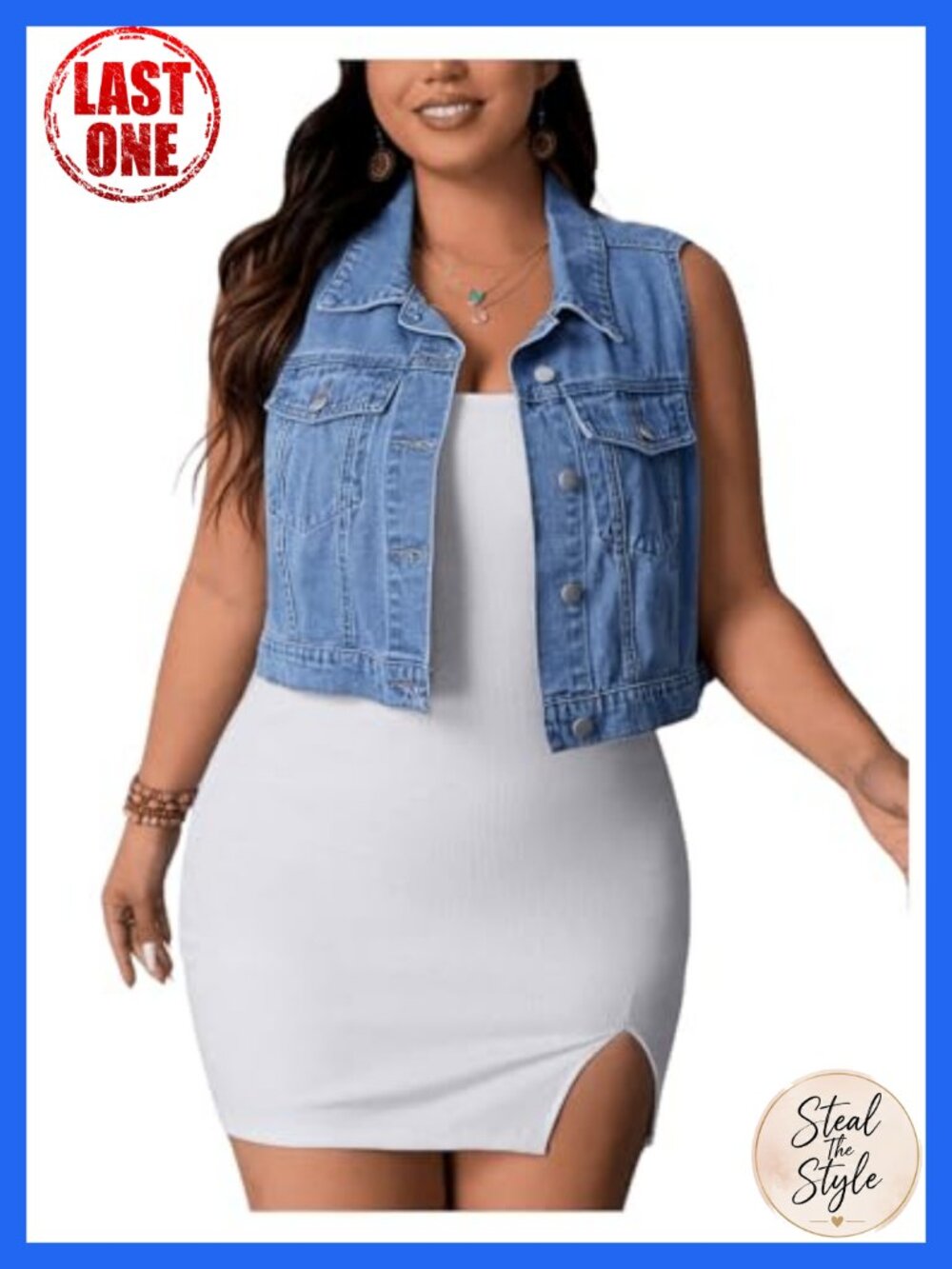 Plus Size Denim Vest Sleeveless Crop Jacket Button Down Flap Pocket Cowgirl
